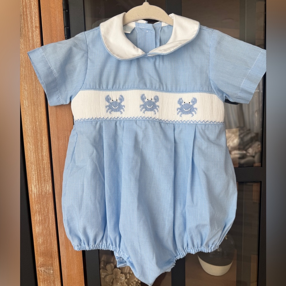 Edgehill Collection Light Blue & White Smocked Crab Bubble Romper